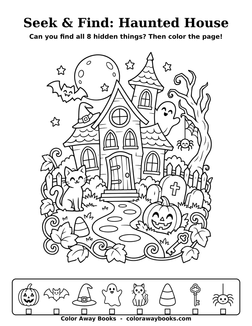 Seek and Find Haunted House free coloring page